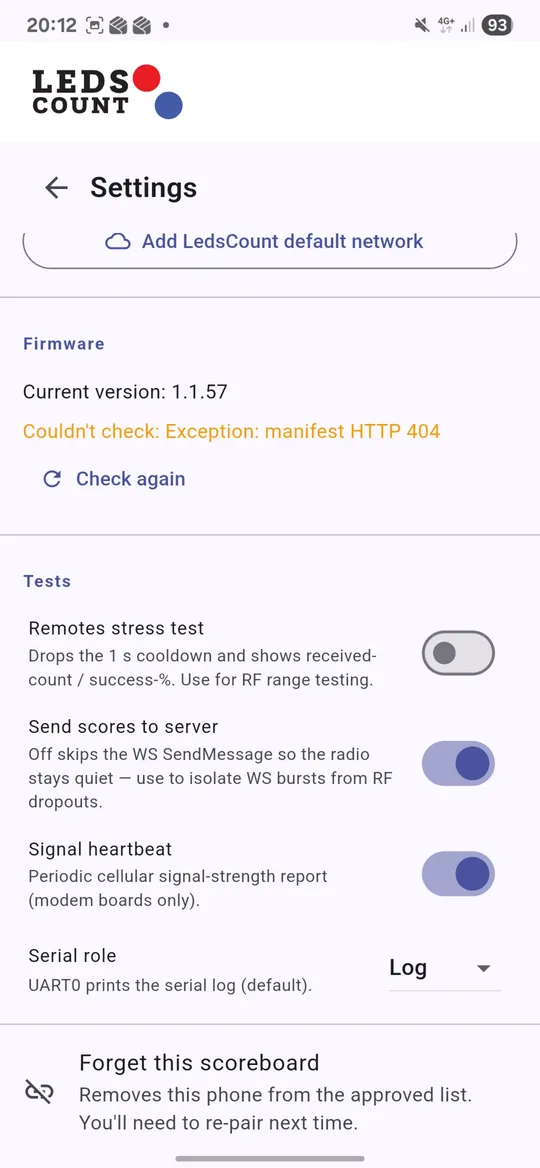 LedsCount Go companion app — diagnostics and stress test screen.
