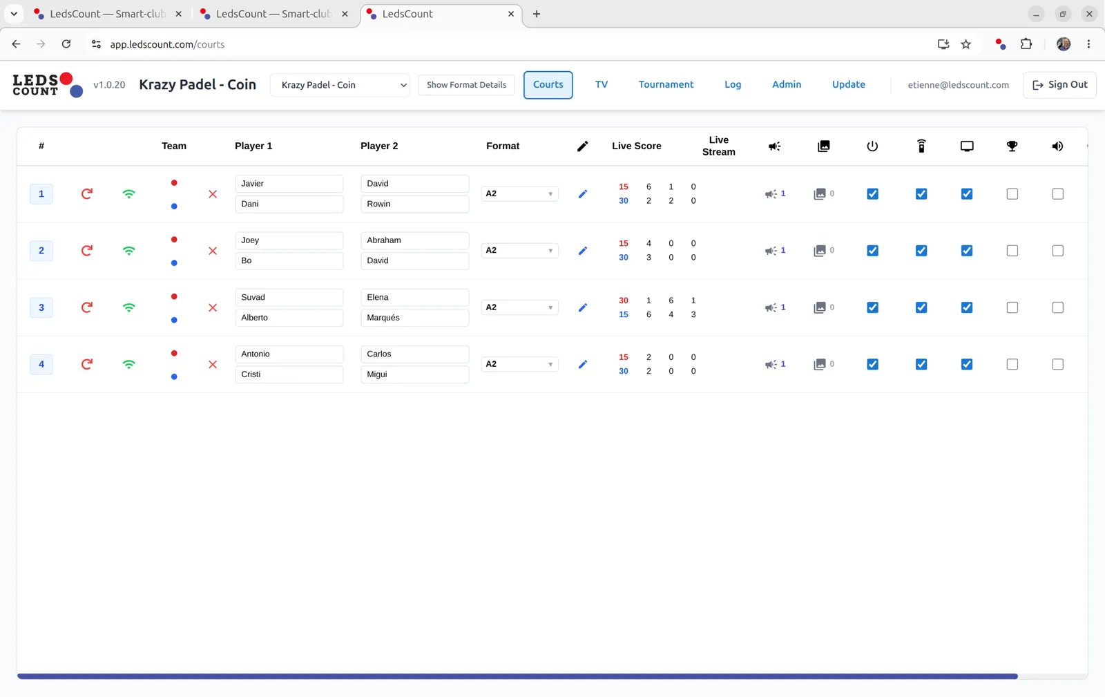 LedsCount platform courts dashboard — one row per match with live score, stream, pager, brightness, and display toggles.