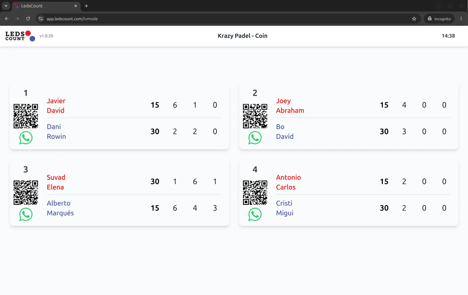 LedsCount TV mode — public spectator view with court tiles, QR codes, and WhatsApp share.